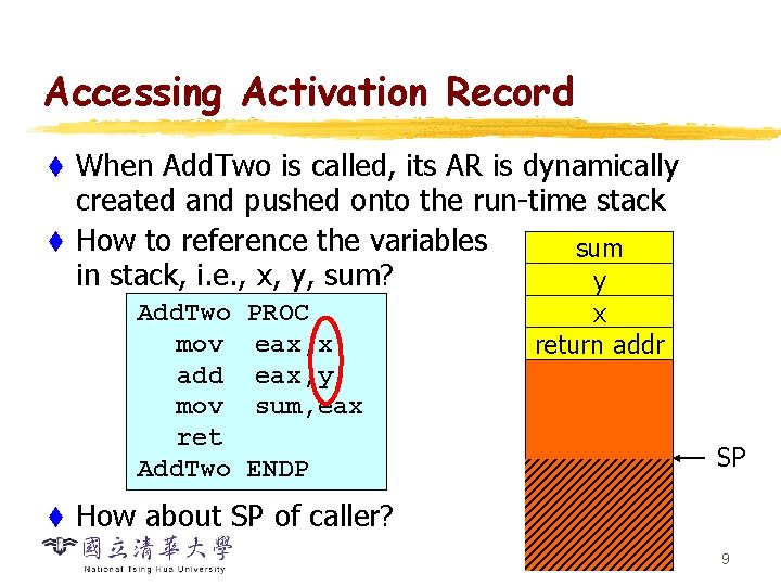 Accessing Activation Record When Add. Two is called, its AR is dynamically created and