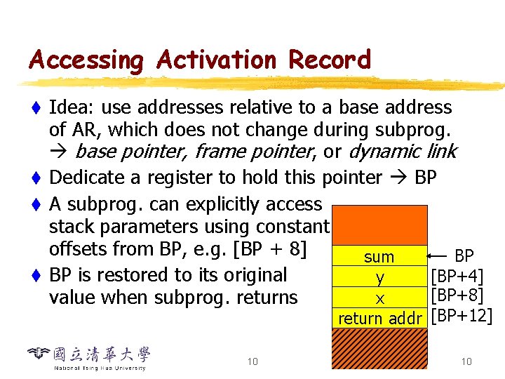 Accessing Activation Record Idea: use addresses relative to a base address of AR, which