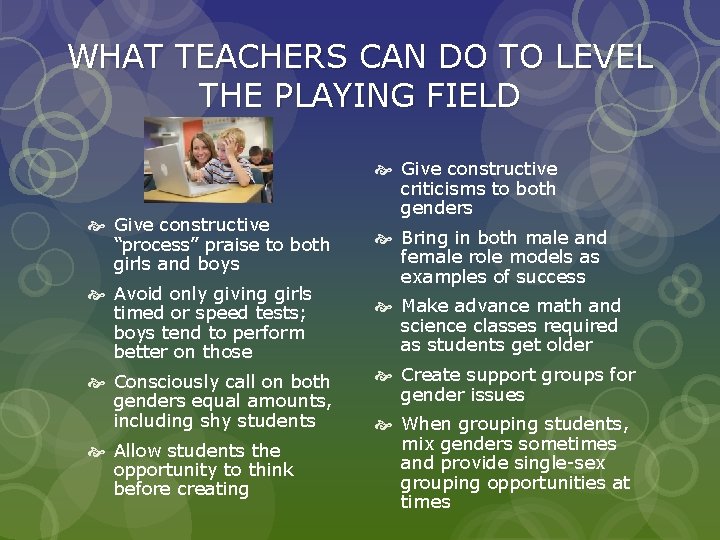 WHAT TEACHERS CAN DO TO LEVEL THE PLAYING FIELD Give constructive “process” praise to
