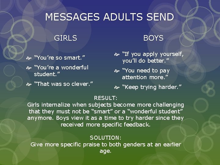 MESSAGES ADULTS SEND GIRLS “You’re so smart. ” “You’re a wonderful student. ” “That