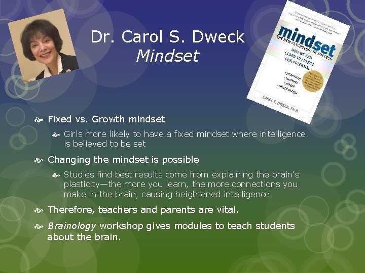 Dr. Carol S. Dweck Mindset Fixed vs. Growth mindset Girls more likely to have Dr. Carol S. Dweck Mindset Fixed vs. Growth mindset Girls more likely to have