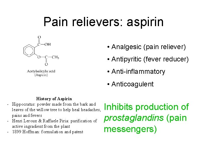 Pain relievers: aspirin • Analgesic (pain reliever) • Antipyritic (fever reducer) • Anti-inflammatory •