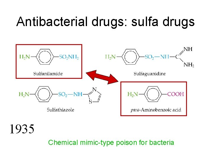 Antibacterial drugs: sulfa drugs 1935 Chemical mimic-type poison for bacteria 