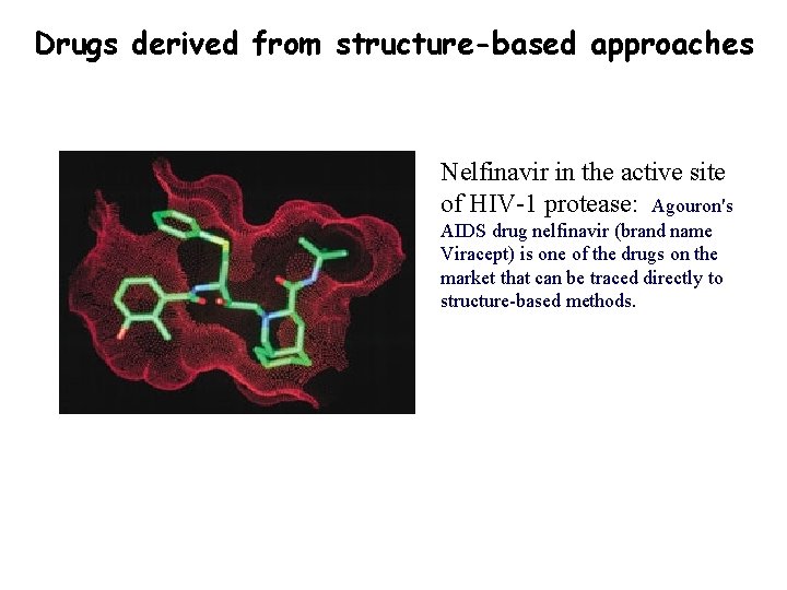 Drugs derived from structure-based approaches Nelfinavir in the active site of HIV-1 protease: Agouron's