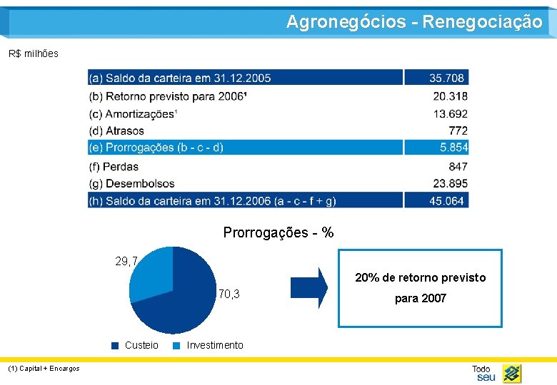 Agronegócios - Renegociação R$ milhões Prorrogações - % 29, 7 20% de retorno previsto