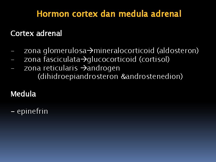 Hormon cortex dan medula adrenal Cortex adrenal - zona glomerulosa mineralocorticoid (aldosteron) zona fasciculata