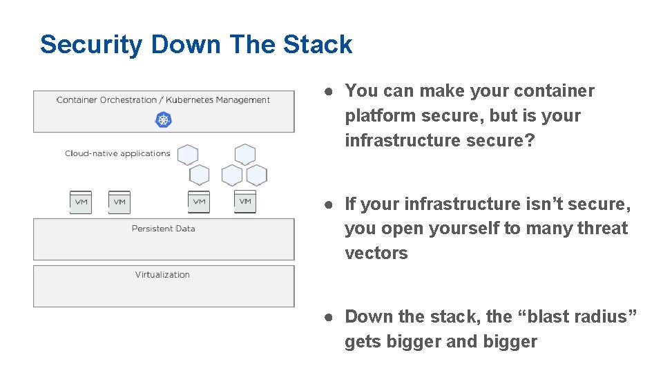 Security Down The Stack ● You can make your container platform secure, but is