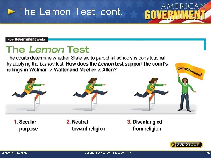 The Lemon Test, cont. Chapter 19, Section 2 Copyright © Pearson Education, Inc. Slide