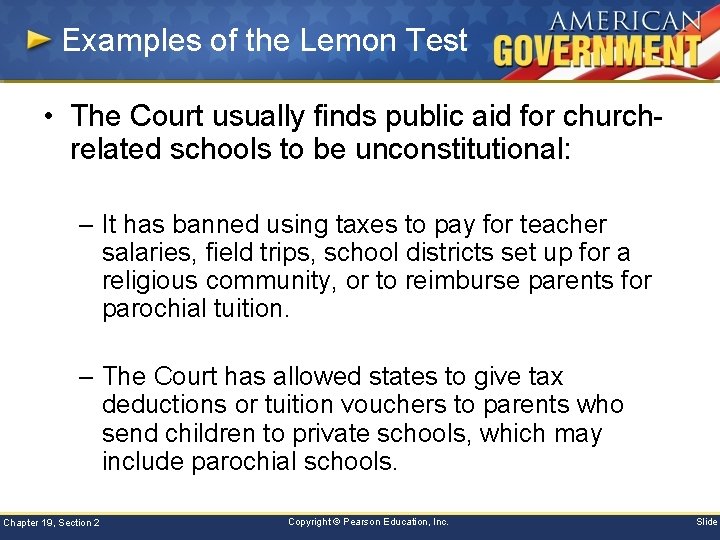 Examples of the Lemon Test • The Court usually finds public aid for churchrelated