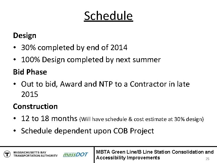 Schedule Design • 30% completed by end of 2014 • 100% Design completed by