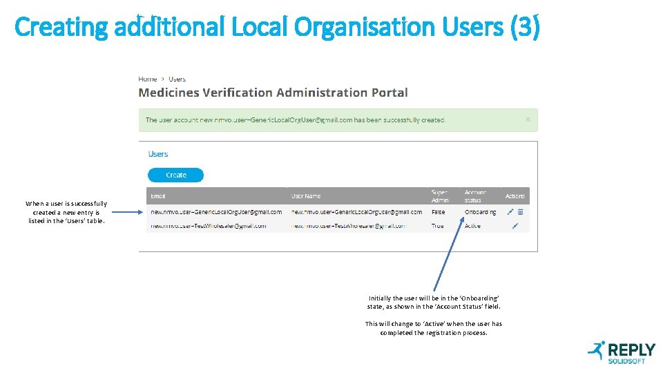 Creating additional Local Organisation Users (3) When a user is successfully created a new