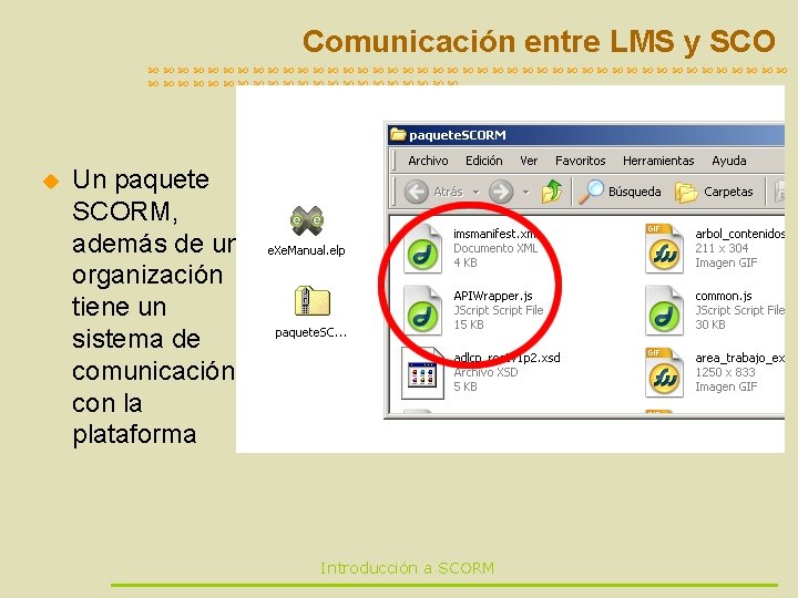Comunicación entre LMS y SCO u Un paquete SCORM, además de una organización tiene