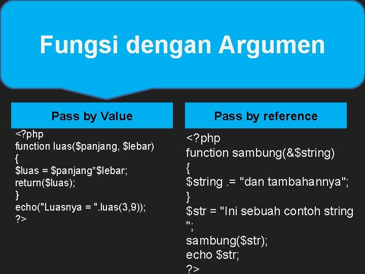 Fungsi dengan Argumen Pass by Value <? php function luas($panjang, $lebar) { $luas =