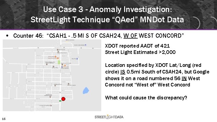 Use Case 3 - Anomaly Investigation: Street. Light Technique “QAed” MNDot Data • Counter