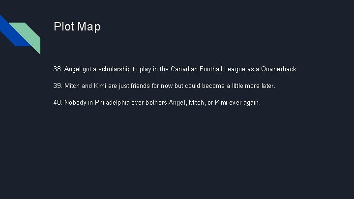 Plot Map 38. Angel got a scholarship to play in the Canadian Football League