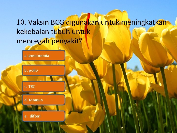 10. Vaksin BCG digunakan untuk meningkatkan kekebalan tubuh untuk mencegah penyakit? a. pneumonia b.