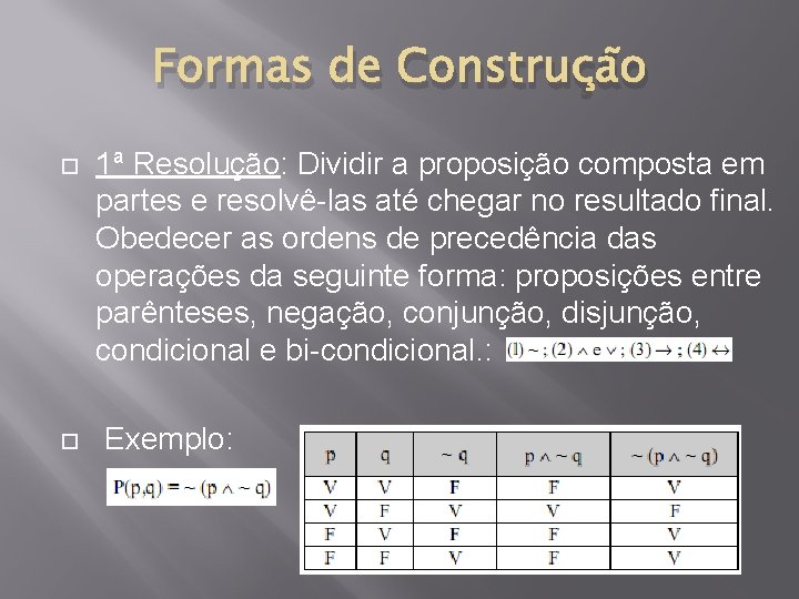 Formas de Construção 1ª Resolução: Dividir a proposição composta em partes e resolvê-las até