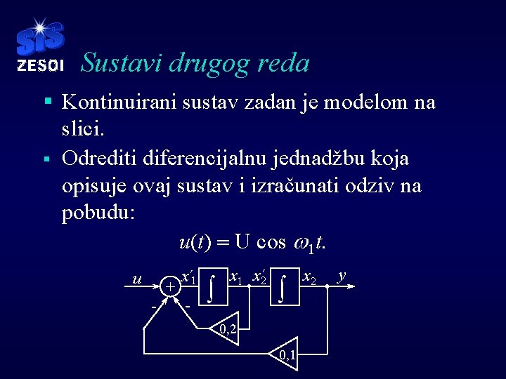 Sustavi drugog reda § Kontinuirani sustav zadan je modelom na slici. § Odrediti diferencijalnu