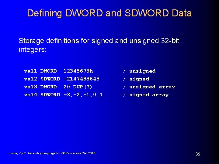 Defining DWORD and SDWORD Data Storage definitions for signed and unsigned 32 -bit integers: Defining DWORD and SDWORD Data Storage definitions for signed and unsigned 32 -bit integers: