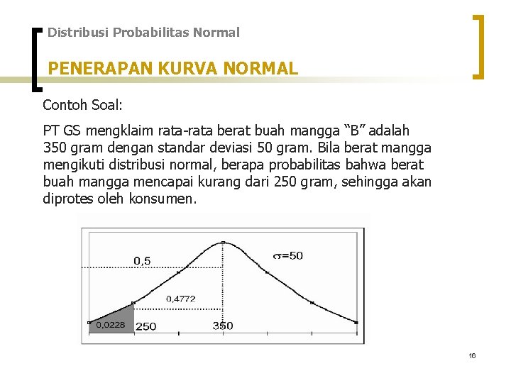 Distribusi Probabilitas Normal PENERAPAN KURVA NORMAL Contoh Soal: PT GS mengklaim rata-rata berat buah