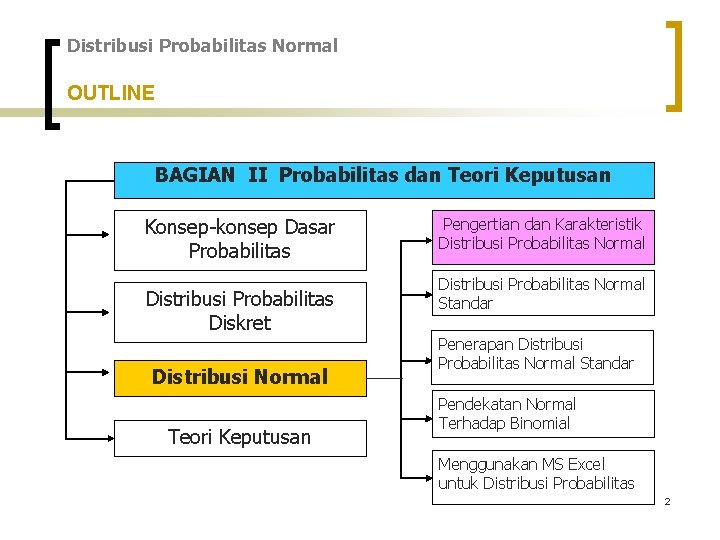 Distribusi Probabilitas Normal OUTLINE BAGIAN II Probabilitas dan Teori Keputusan Konsep-konsep Dasar Probabilitas Distribusi