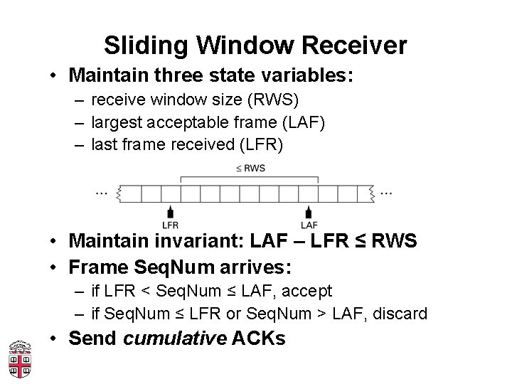 Sliding Window Receiver • Maintain three state variables: – receive window size (RWS) –