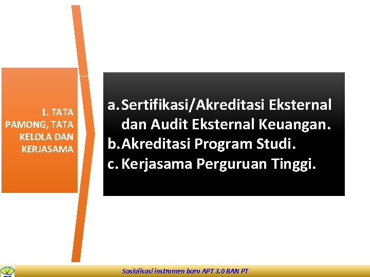 1. TATA PAMONG, TATA KELOLA DAN KERJASAMA a. Sertifikasi/Akreditasi Eksternal dan Audit Eksternal Keuangan.