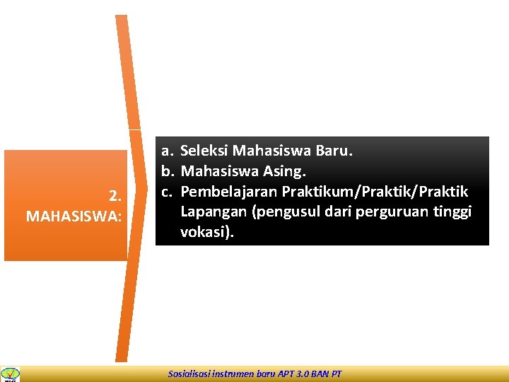 2. MAHASISWA: a. Seleksi Mahasiswa Baru. b. Mahasiswa Asing. c. Pembelajaran Praktikum/Praktik Lapangan (pengusul