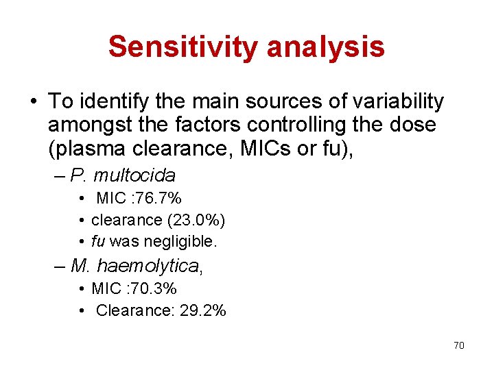 Sensitivity analysis • To identify the main sources of variability amongst the factors controlling