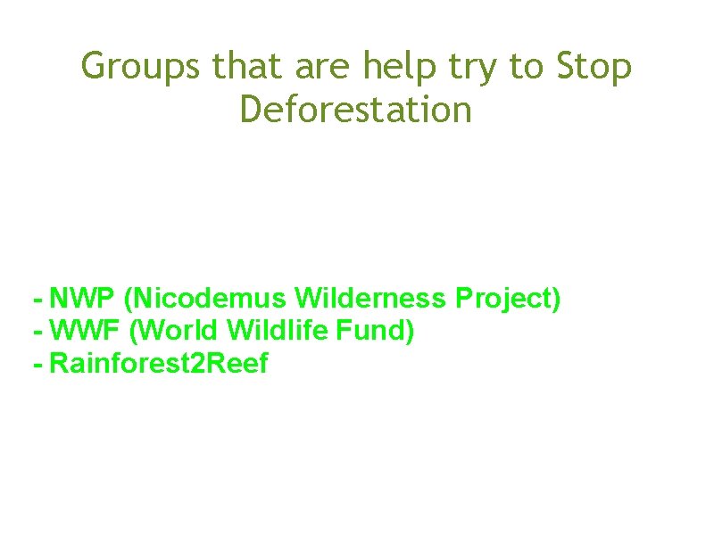 Groups that are help try to Stop Deforestation - NWP (Nicodemus Wilderness Project) -