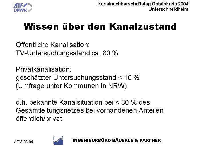 Kanalnachbarschaftstag Ostalbkreis 2004 Unterschneidheim Wissen über den Kanalzustand Öffentliche Kanalisation: TV-Untersuchungsstand ca. 80 %