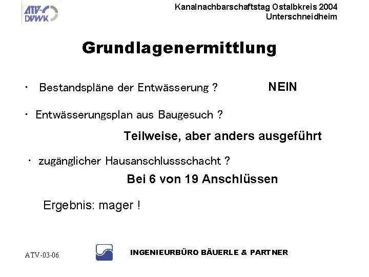 Kanalnachbarschaftstag Ostalbkreis 2004 Unterschneidheim Grundlagenermittlung • Bestandspläne der Entwässerung ? NEIN • Entwässerungsplan aus