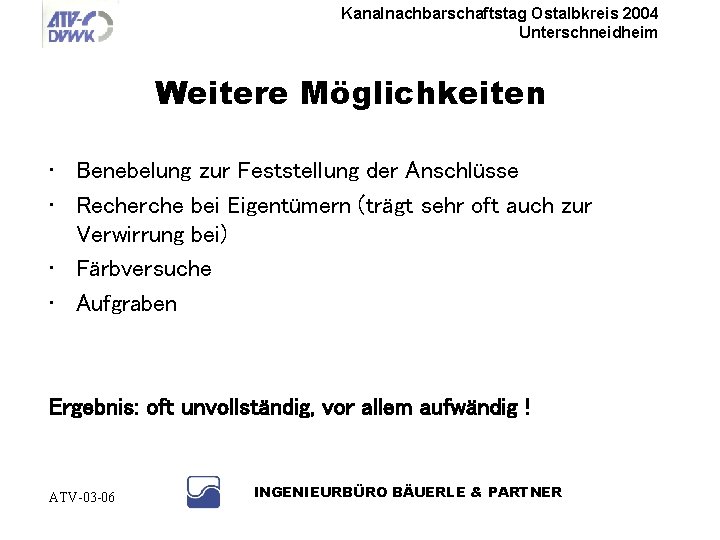 Kanalnachbarschaftstag Ostalbkreis 2004 Unterschneidheim Weitere Möglichkeiten • Benebelung zur Feststellung der Anschlüsse • Recherche