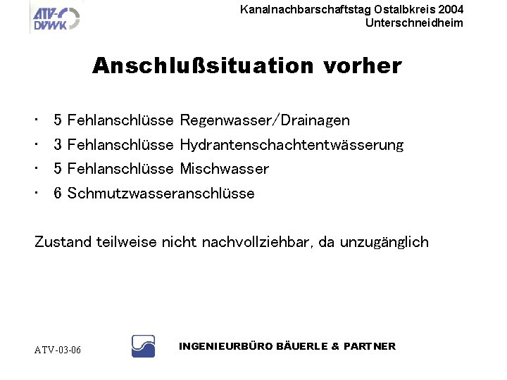 Kanalnachbarschaftstag Ostalbkreis 2004 Unterschneidheim Anschlußsituation vorher • • 5 3 5 6 Fehlanschlüsse Regenwasser/Drainagen