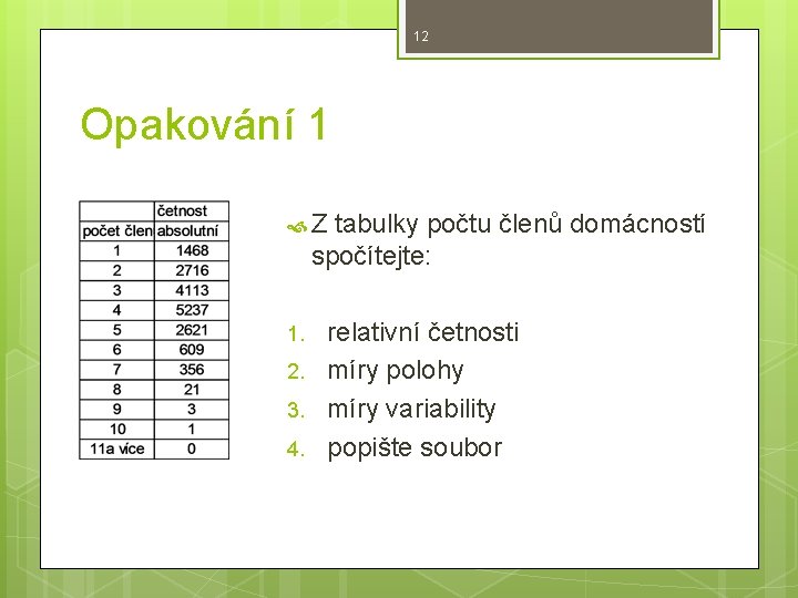 12 Opakování 1 Z tabulky počtu členů domácností spočítejte: 1. 2. 3. 4. relativní