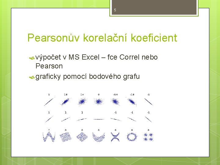 5 Pearsonův korelační koeficient výpočet v MS Excel – fce Correl nebo Pearson graficky