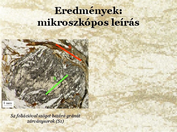 Eredmények: mikroszkópos leírás S 2 S 1 S 2 foliációval szöget bezáró gránát zárványsorok