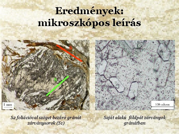 Eredmények: mikroszkópos leírás S 2 S 1 S 2 foliációval szöget bezáró gránát zárványsorok