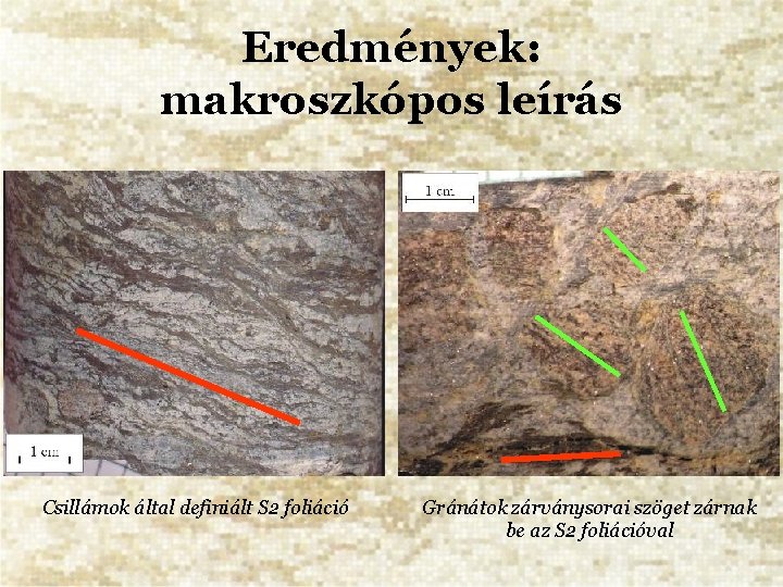 Eredmények: makroszkópos leírás Csillámok által definiált S 2 foliáció Gránátok zárványsorai szöget zárnak be