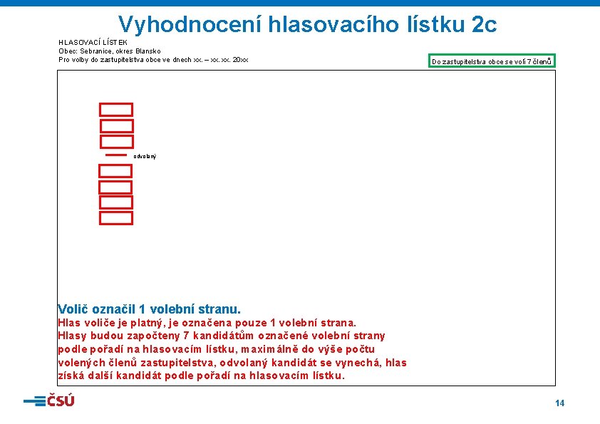 Vyhodnocení hlasovacího lístku 2 c HLASOVACÍ LÍSTEK Obec: Sebranice, okres Blansko Pro volby do