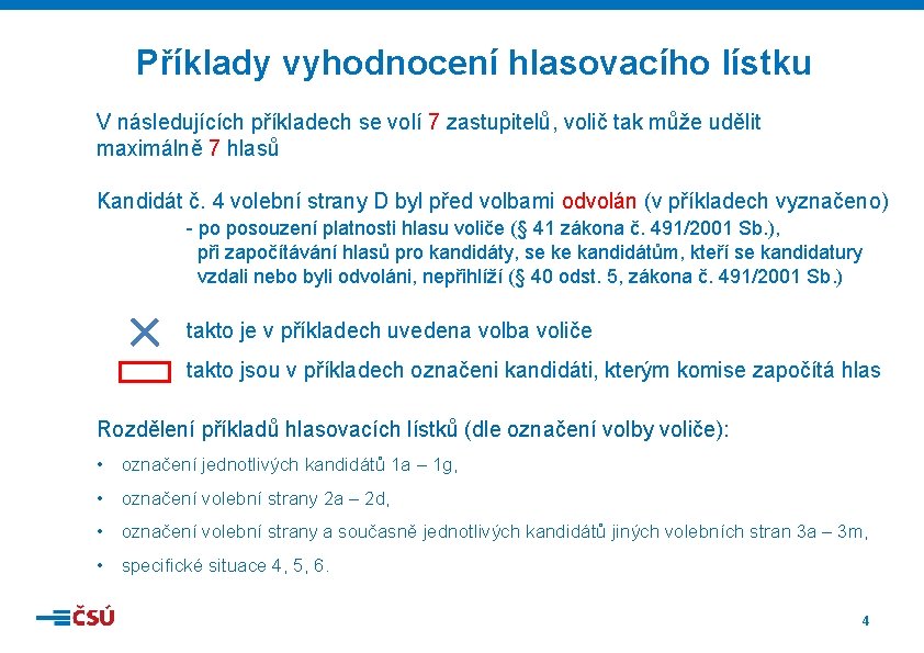 Příklady vyhodnocení hlasovacího lístku V následujících příkladech se volí 7 zastupitelů, volič tak může