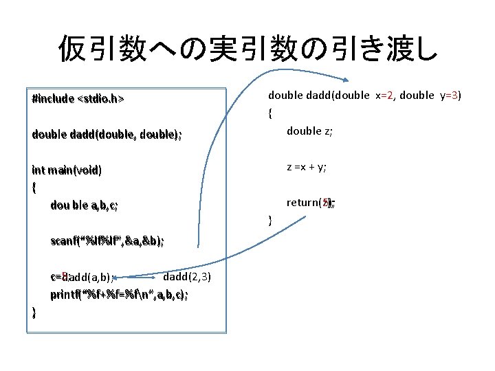 仮引数への実引数の引き渡し #include <stdio. h> double dadd(double, double); int main(void) { dou ble a, b,