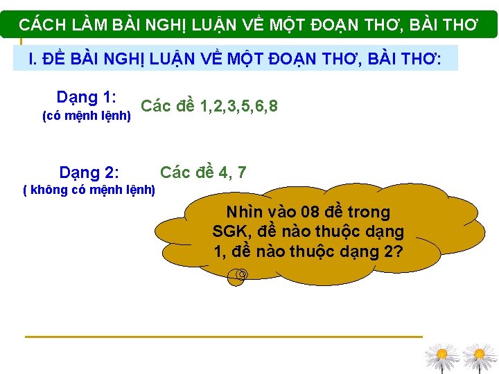 CÁCH LÀM BÀI NGHỊ LUẬN VỀ MỘT ĐOẠN THƠ, BÀI THƠ I. ĐỀ BÀI