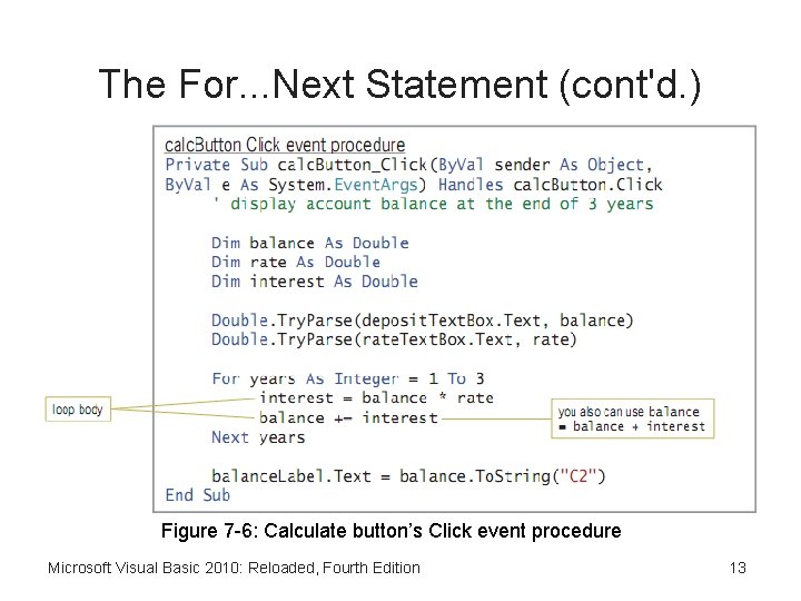 The For. . . Next Statement (cont'd. ) Figure 7 -6: Calculate button’s Click