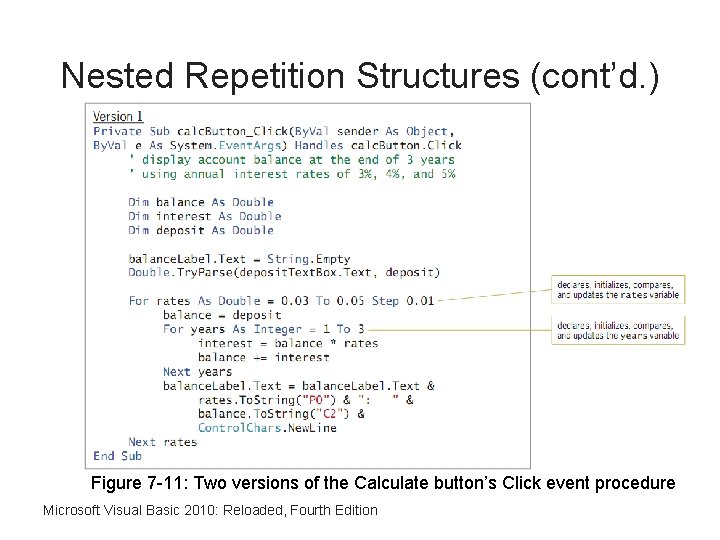 Nested Repetition Structures (cont’d. ) Figure 7 -11: Two versions of the Calculate button’s