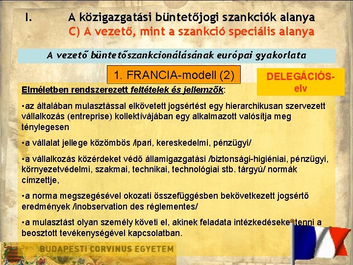 I. A közigazgatási büntetőjogi szankciók alanya C) A vezető, mint a szankció speciális alanya I. A közigazgatási büntetőjogi szankciók alanya C) A vezető, mint a szankció speciális alanya