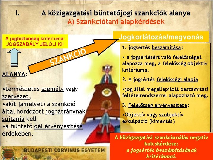 I. A közigazgatási büntetőjogi szankciók alanya A) Szankciótani alapkérdések A jogbiztonság kritériuma: JOGSZABÁLY JELÖLI I. A közigazgatási büntetőjogi szankciók alanya A) Szankciótani alapkérdések A jogbiztonság kritériuma: JOGSZABÁLY JELÖLI