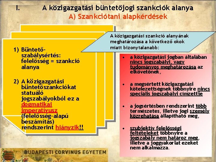 I. A közigazgatási büntetőjogi szankciók alanya A) Szankciótani alapkérdések 1) Büntetőszabálysértés: felelősség = szankció I. A közigazgatási büntetőjogi szankciók alanya A) Szankciótani alapkérdések 1) Büntetőszabálysértés: felelősség = szankció