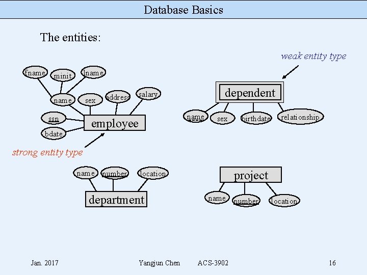 Database Basics The entities: weak entity type fname minit lname sex ssn name employee