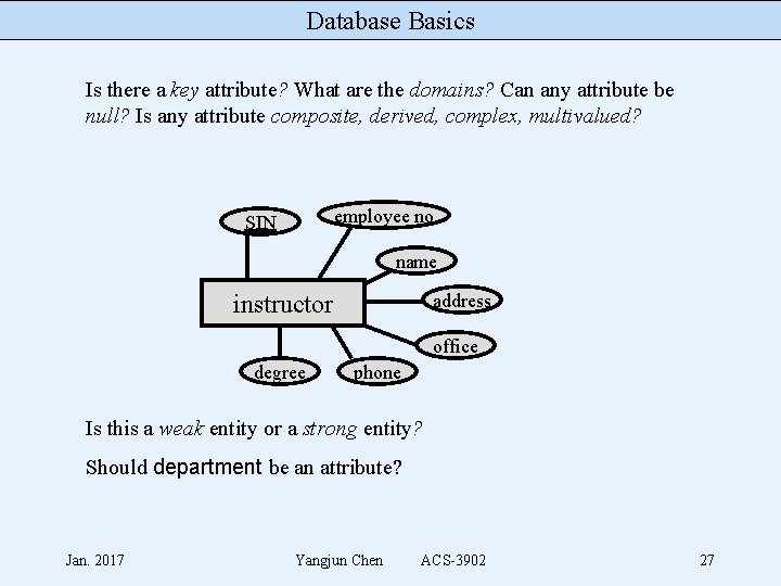 Database Basics Is there a key attribute? What are the domains? Can any attribute
